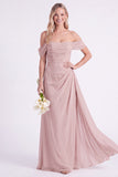 Off the Shoulder Burnt Orange Chiffon Long Bridesmaid Dress with Sash