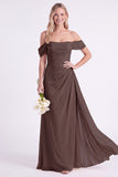 Off the Shoulder Burnt Orange Chiffon Long Bridesmaid Dress with Sash