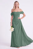 Off the Shoulder Burnt Orange Chiffon Long Bridesmaid Dress with Sash