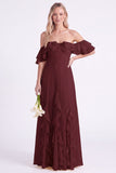 Daffodil Off the Shoulder Ruffle Chiffon A Line Long Bridesmaid Dress