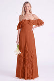 Daffodil Off the Shoulder Ruffle Chiffon A Line Long Bridesmaid Dress