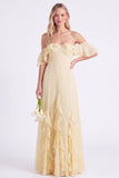 Daffodil Off the Shoulder Ruffle Chiffon A Line Long Bridesmaid Dress