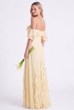 Daffodil Off the Shoulder Ruffle Chiffon A Line Long Bridesmaid Dress