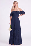 Daffodil Off the Shoulder Ruffle Chiffon A Line Long Bridesmaid Dress