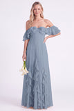 Daffodil Off the Shoulder Ruffle Chiffon A Line Long Bridesmaid Dress