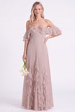 Daffodil Off the Shoulder Ruffle Chiffon A Line Long Bridesmaid Dress
