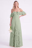 Daffodil Off the Shoulder Ruffle Chiffon A Line Long Bridesmaid Dress
