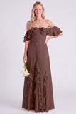 Daffodil Off the Shoulder Ruffle Chiffon A Line Long Bridesmaid Dress
