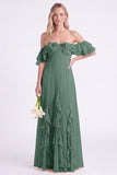 Daffodil Off the Shoulder Ruffle Chiffon A Line Long Bridesmaid Dress