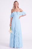 Daffodil Off the Shoulder Ruffle Chiffon A Line Long Bridesmaid Dress