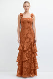 Espresso Floral Tiered Ruffle Long Bridesmaid Dress