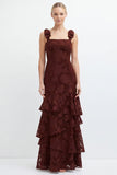 Espresso Floral Tiered Ruffle Long Bridesmaid Dress