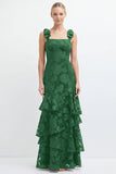 Espresso Floral Tiered Ruffle Long Bridesmaid Dress