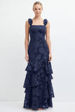 Espresso Floral Tiered Ruffle Long Bridesmaid Dress