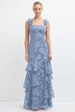 Espresso Floral Tiered Ruffle Long Bridesmaid Dress