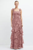 Espresso Floral Tiered Ruffle Long Bridesmaid Dress