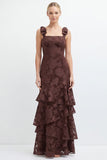Espresso Floral Tiered Ruffle Long Bridesmaid Dress