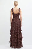 Espresso Floral Tiered Ruffle Long Bridesmaid Dress