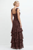 Espresso Floral Tiered Ruffle Long Bridesmaid Dress