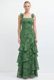 Espresso Floral Tiered Ruffle Long Bridesmaid Dress