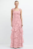 Espresso Floral Tiered Ruffle Long Bridesmaid Dress