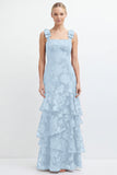 Espresso Floral Tiered Ruffle Long Bridesmaid Dress