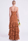 Strapless Floral Tiered Ruffle Burnt Orange Bridesmaid Dress