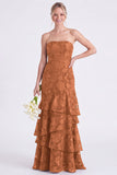 Strapless Floral Tiered Ruffle Burnt Orange Bridesmaid Dress