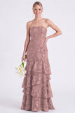 Strapless Floral Tiered Ruffle Burnt Orange Bridesmaid Dress