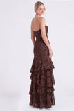 Strapless Floral Tiered Ruffle Burnt Orange Bridesmaid Dress