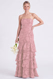 Strapless Floral Tiered Ruffle Burnt Orange Bridesmaid Dress