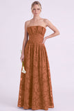 Dark Green A Line Floral Strapless Long Bridesmaid Dress