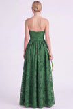 Dark Green A Line Floral Strapless Long Bridesmaid Dress