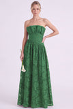 Dark Green A Line Floral Strapless Long Bridesmaid Dress