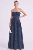 Dark Green A Line Floral Strapless Long Bridesmaid Dress