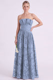 Dark Green A Line Floral Strapless Long Bridesmaid Dress