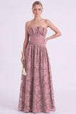 Dark Green A Line Floral Strapless Long Bridesmaid Dress