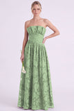 Dark Green A Line Floral Strapless Long Bridesmaid Dress