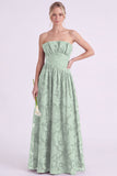 Dark Green A Line Floral Strapless Long Bridesmaid Dress
