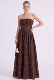 Dark Green A Line Floral Strapless Long Bridesmaid Dress