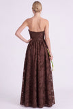 Dark Green A Line Floral Strapless Long Bridesmaid Dress