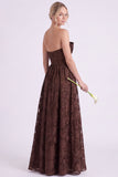 Dark Green A Line Floral Strapless Long Bridesmaid Dress
