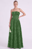 Dark Green A Line Floral Strapless Long Bridesmaid Dress