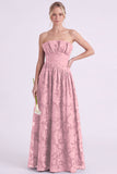 Dark Green A Line Floral Strapless Long Bridesmaid Dress
