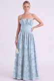 Dark Green A Line Floral Strapless Long Bridesmaid Dress