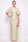 Green Boat Neck Floral Jacquard Sheath Bridesmaid Dress with Puff Sleeves