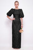 Green Boat Neck Floral Jacquard Sheath Bridesmaid Dress with Puff Sleeves