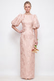 Green Boat Neck Floral Jacquard Sheath Bridesmaid Dress with Puff Sleeves