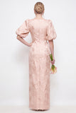 Green Boat Neck Floral Jacquard Sheath Bridesmaid Dress with Puff Sleeves