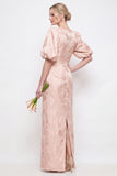 Green Boat Neck Floral Jacquard Sheath Bridesmaid Dress with Puff Sleeves